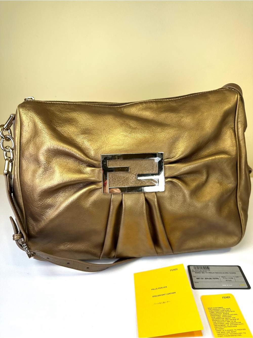 Fendi Borsa Mia Bronze Opalescent Leather Crossbody RFID Italy GHW NWOT